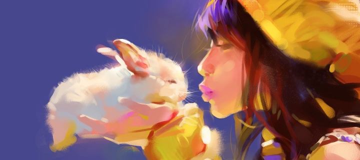 Girl Kissing Rabbit Painting wallpaper 720x320