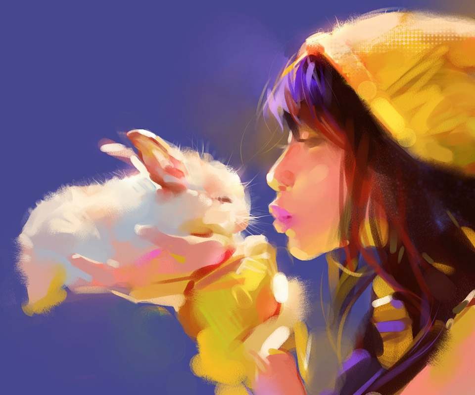 Girl Kissing Rabbit Painting wallpaper 960x800