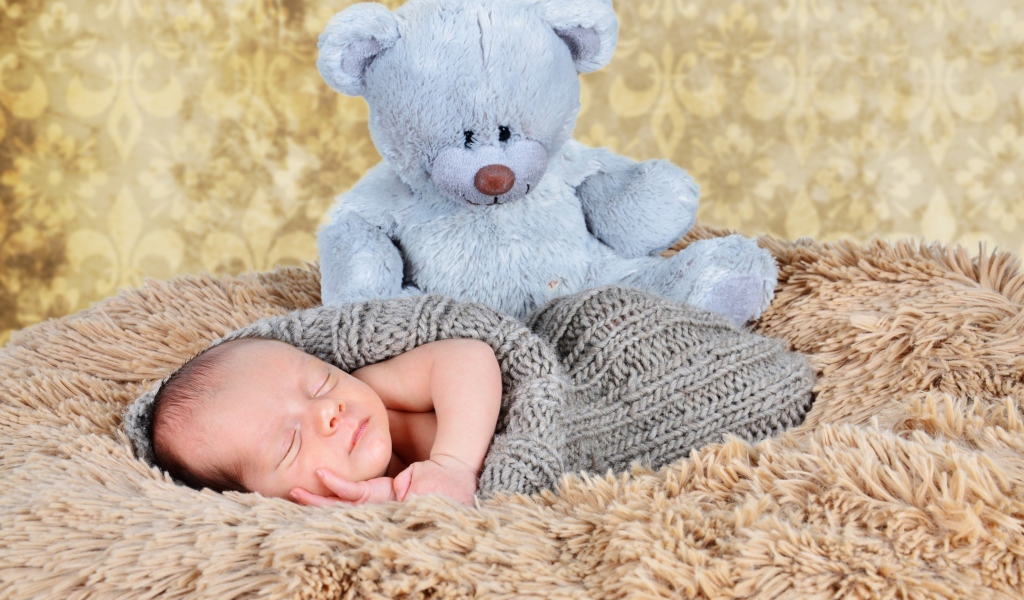 Baby And His Teddy wallpaper 1024x600