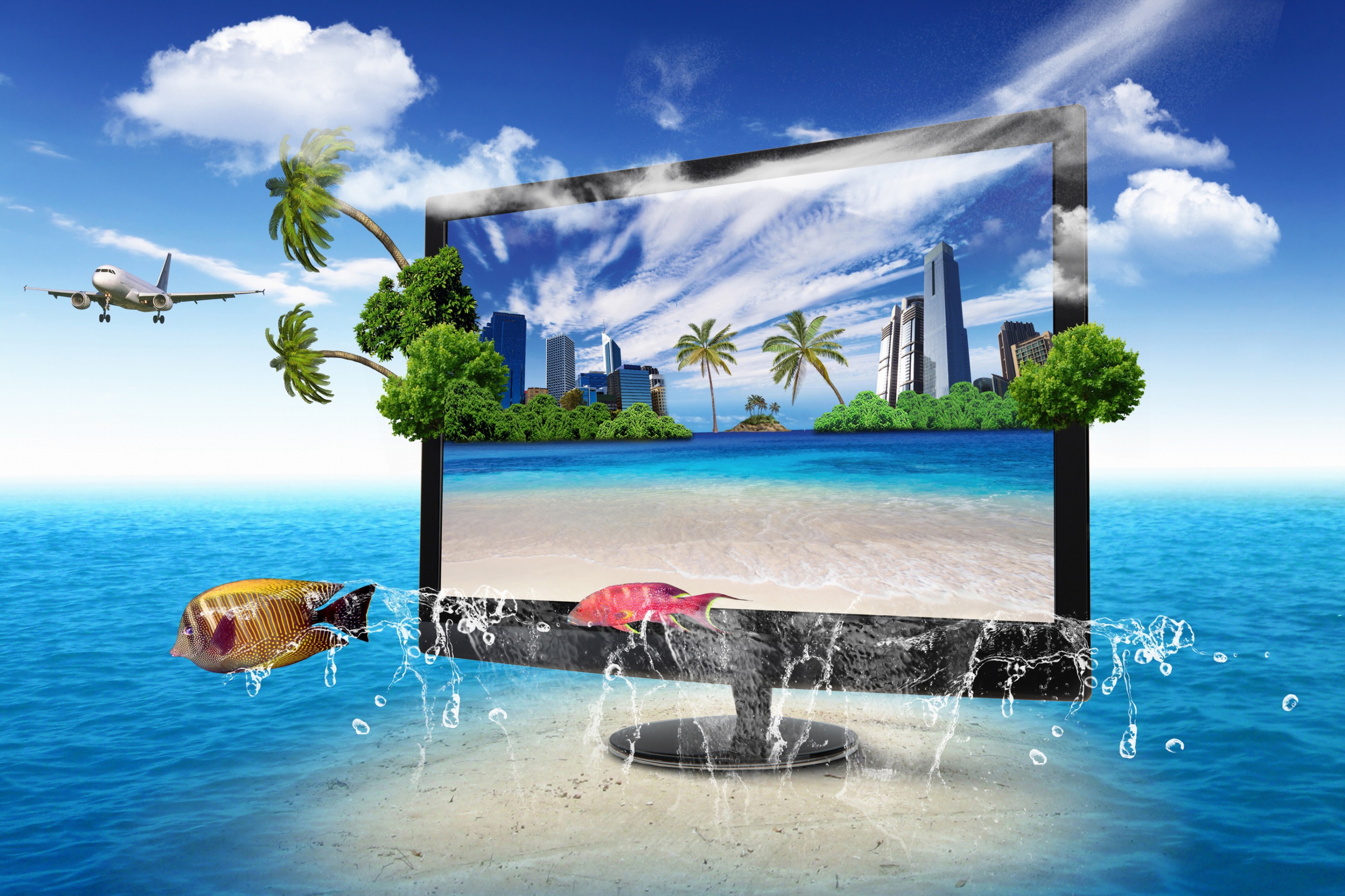 Экранные изображения. 3д телевизор. Природа. Море в телевизоре. Телевизор с водой.