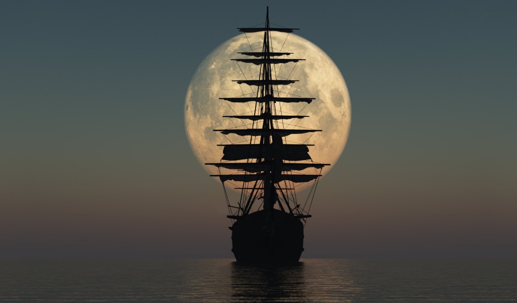 Обои Ship Silhouette In Front Of Full Moon 1024x600