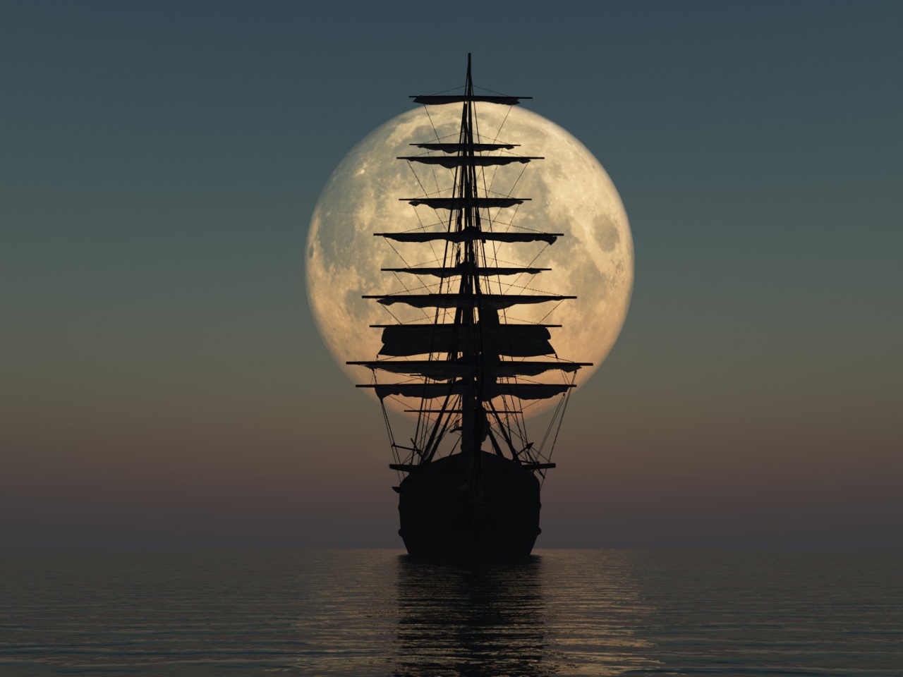 Обои Ship Silhouette In Front Of Full Moon 1280x960