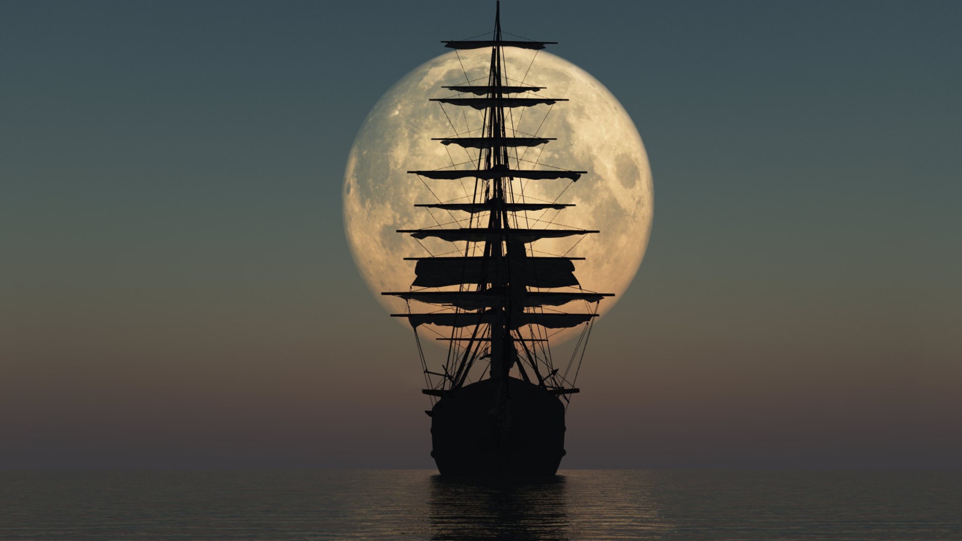 Ship Silhouette In Front Of Full Moon wallpaper 1920x1080