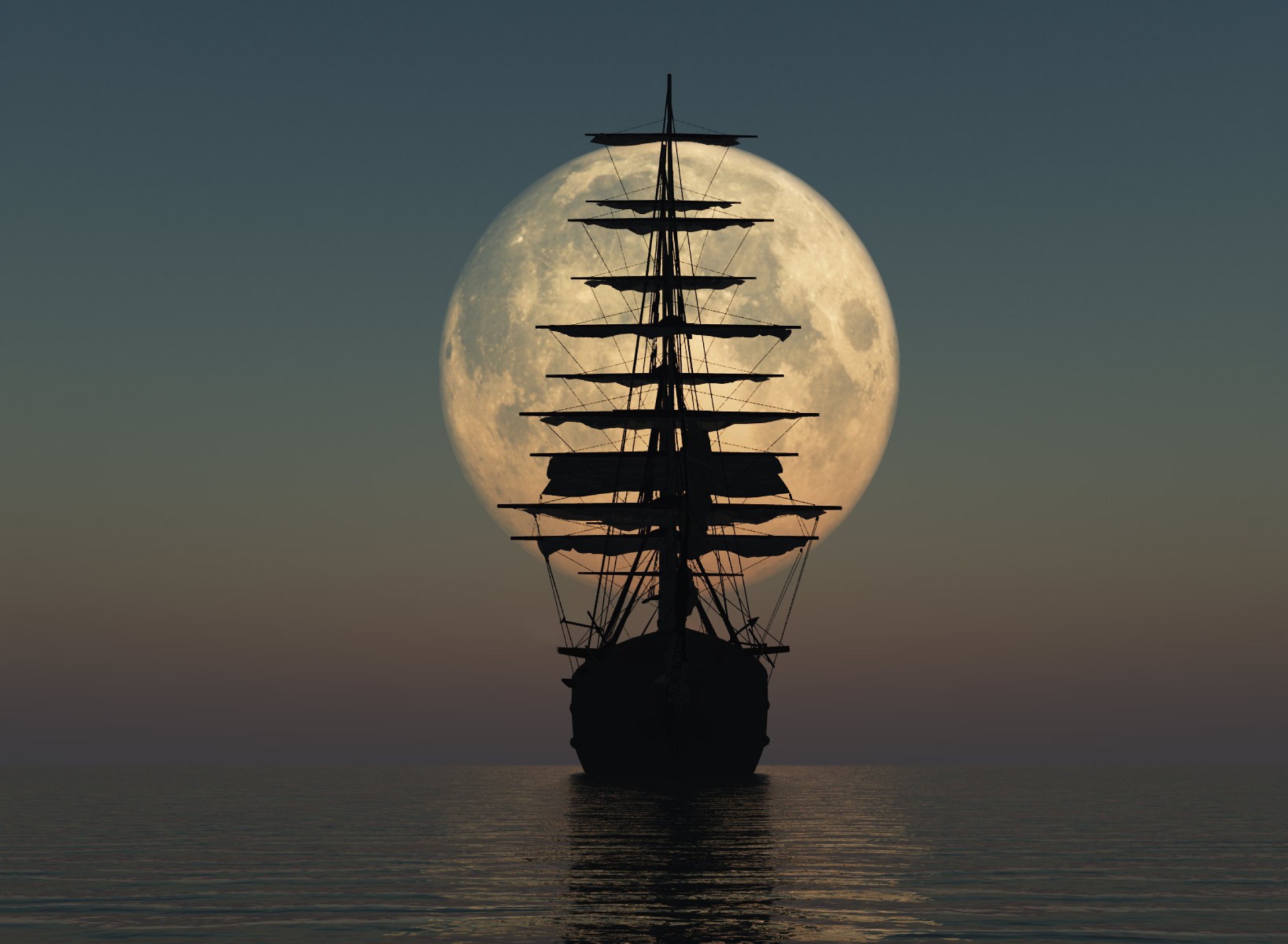 Fondo de pantalla Ship Silhouette In Front Of Full Moon 1920x1408
