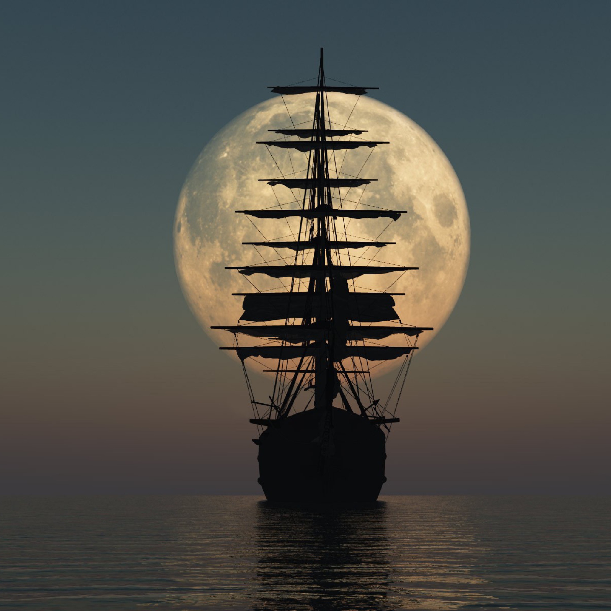 Fondo de pantalla Ship Silhouette In Front Of Full Moon 2048x2048