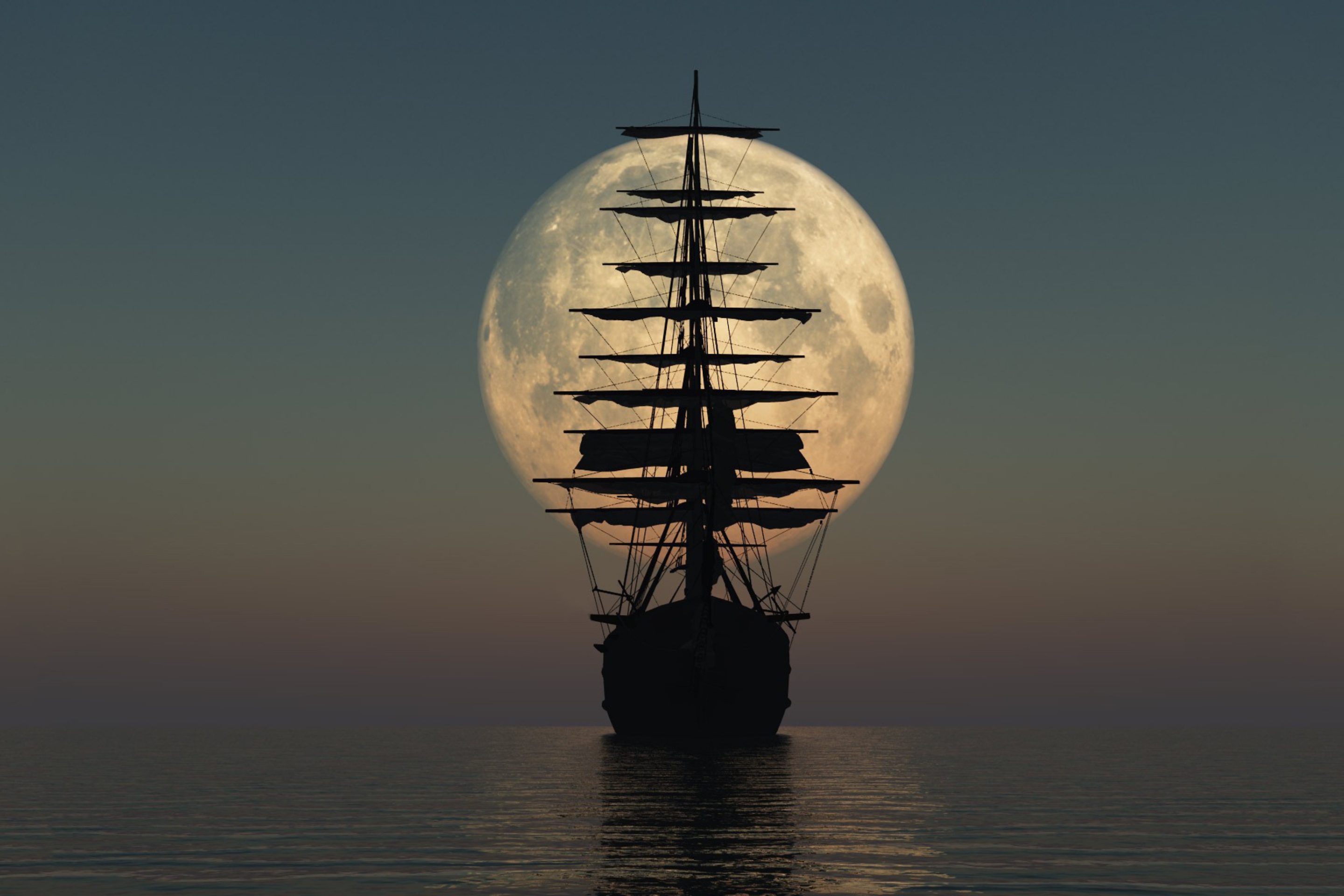 Обои Ship Silhouette In Front Of Full Moon 2880x1920