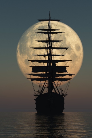 Обои Ship Silhouette In Front Of Full Moon 320x480