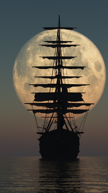 Обои Ship Silhouette In Front Of Full Moon 360x640