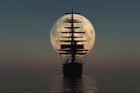 Sfondi Ship Silhouette In Front Of Full Moon 480x320