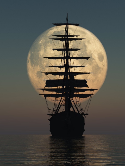 Ship Silhouette In Front Of Full Moon wallpaper 480x640