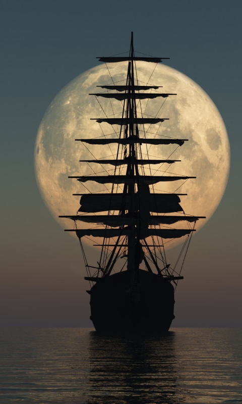 Sfondi Ship Silhouette In Front Of Full Moon 480x800