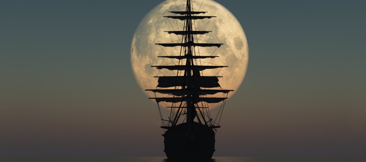 Sfondi Ship Silhouette In Front Of Full Moon 720x320