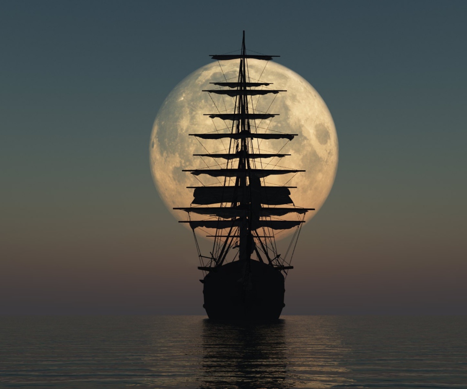 Ship Silhouette In Front Of Full Moon wallpaper 960x800