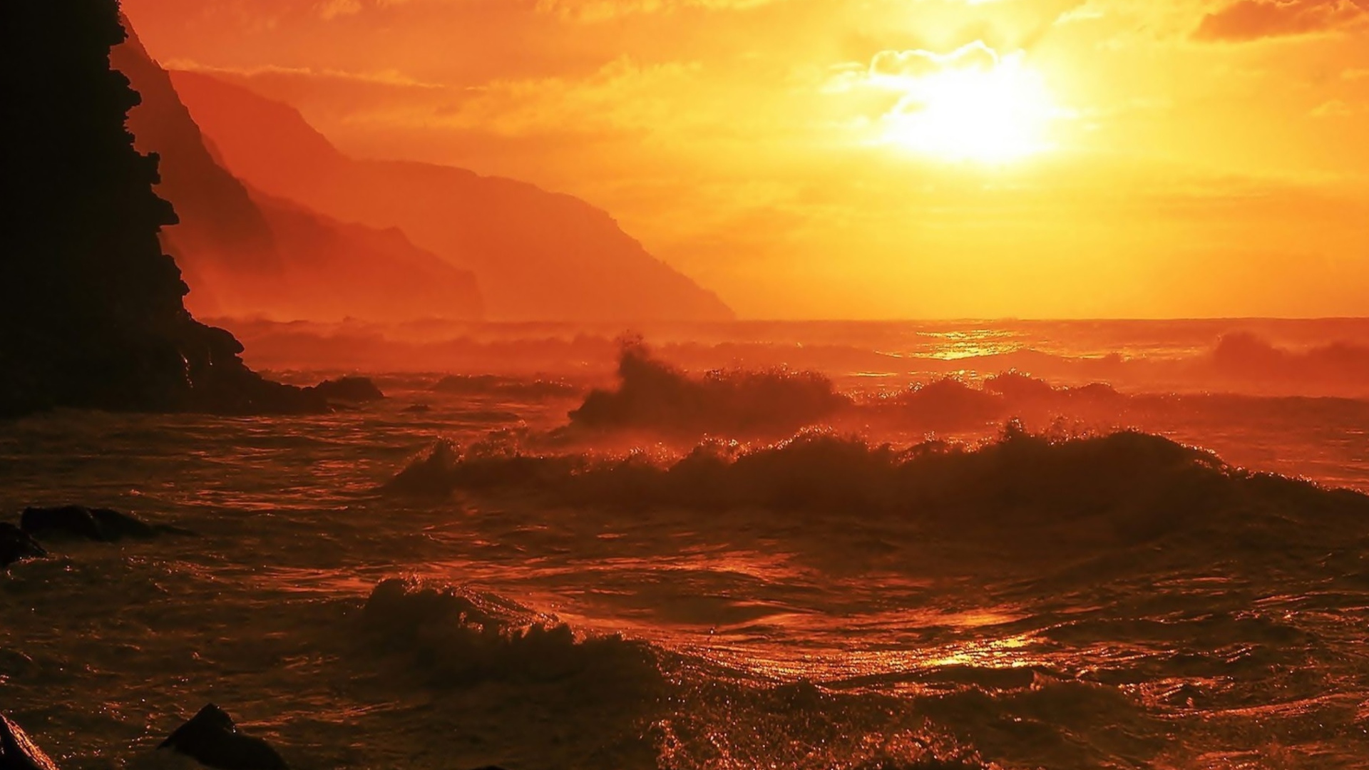 Das Ocean Waves At Sunset Wallpaper 1920x1080