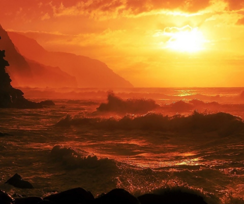 Das Ocean Waves At Sunset Wallpaper 480x400