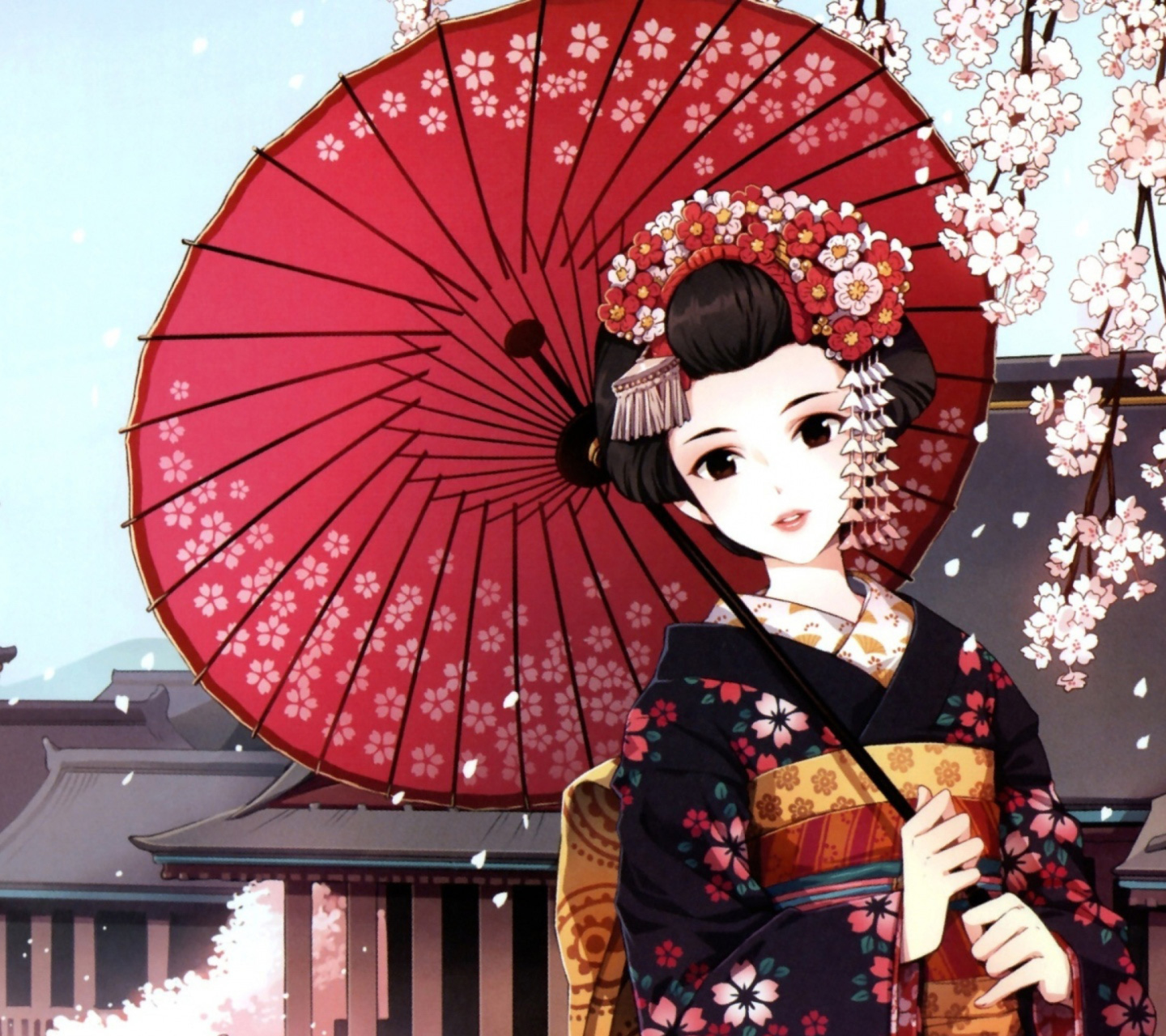 Обои Japanese Girl With Umbrella 1440x1280