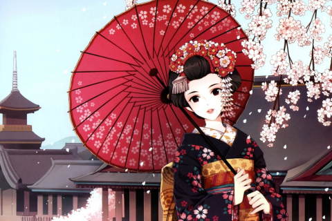 Japanese Girl With Umbrella wallpaper 480x320