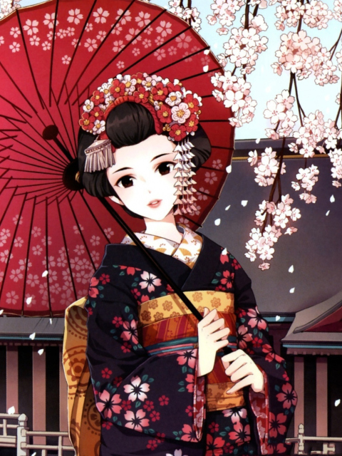 Japanese Girl With Umbrella wallpaper 480x640