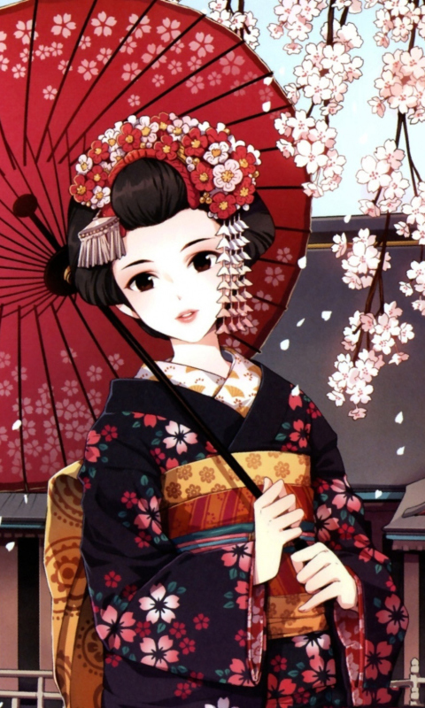 Обои Japanese Girl With Umbrella 480x800