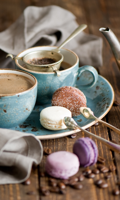 Vintage Coffee Cups And Macarons wallpaper 480x800