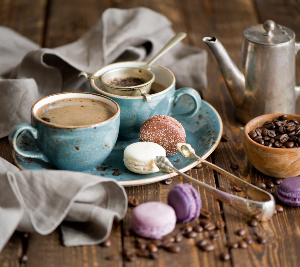 Vintage Coffee Cups And Macarons wallpaper 960x854
