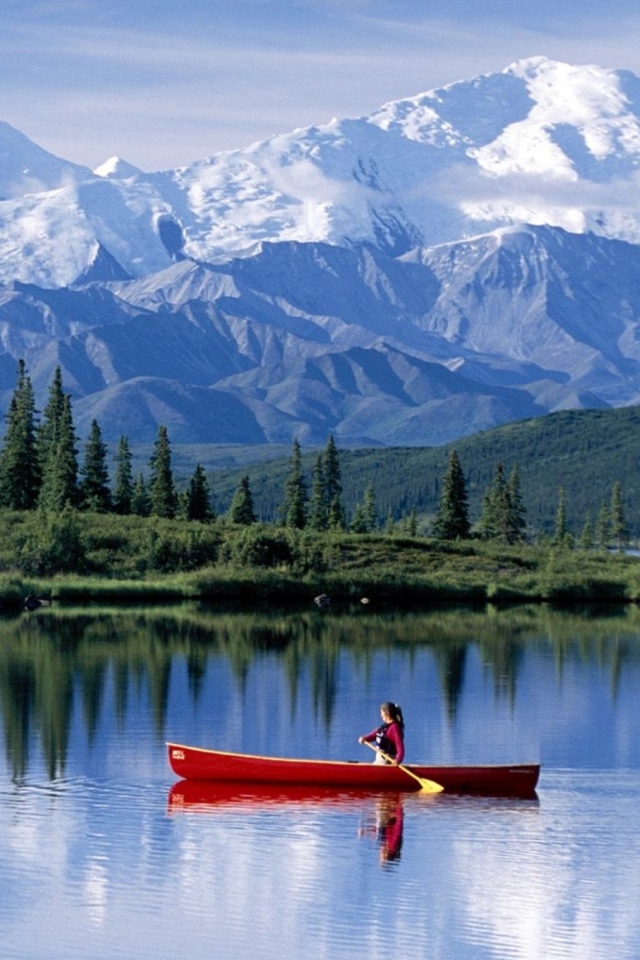 Canoe In Mountain Lake wallpaper 640x960