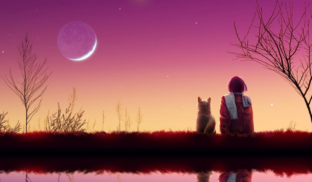 Girl And Cat Looking At Pink Sky screenshot #1 1024x600