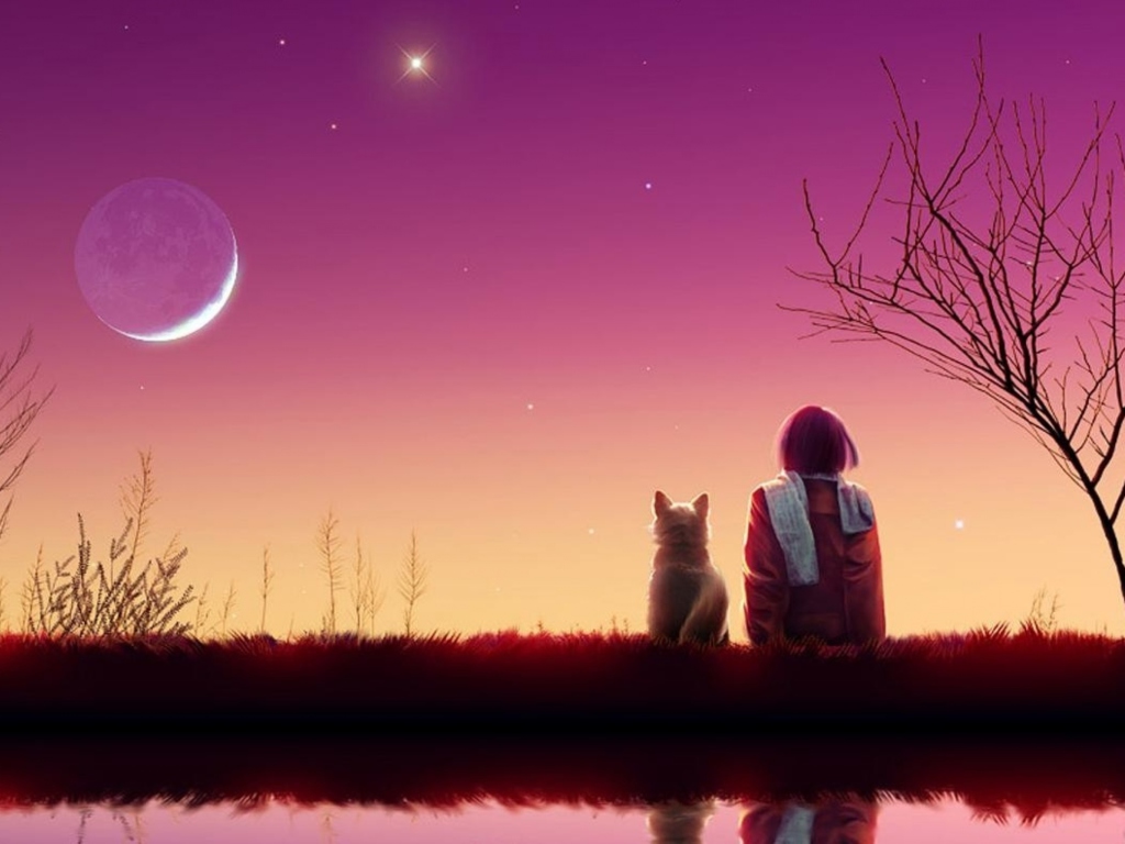 Das Girl And Cat Looking At Pink Sky Wallpaper 1024x768