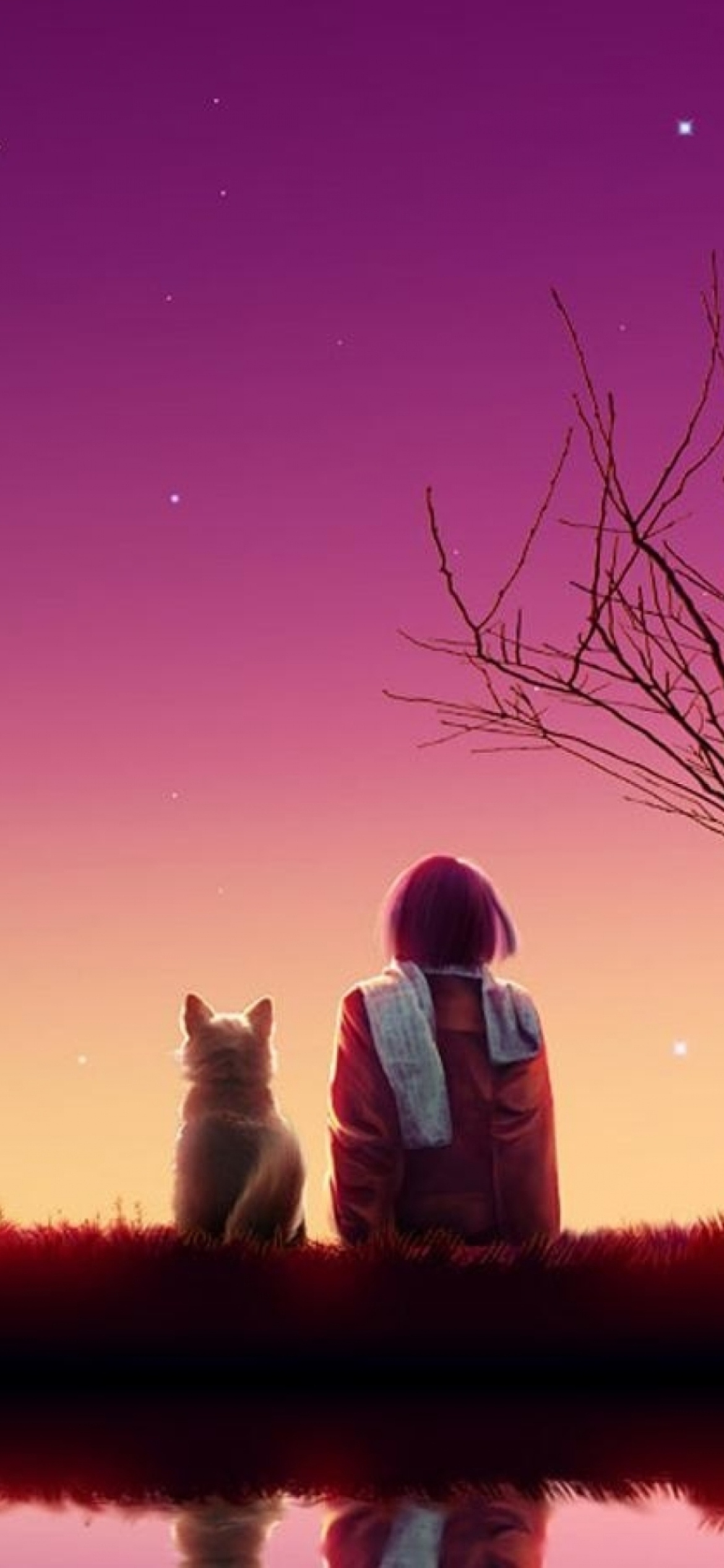 Girl And Cat Looking At Pink Sky wallpaper 1170x2532