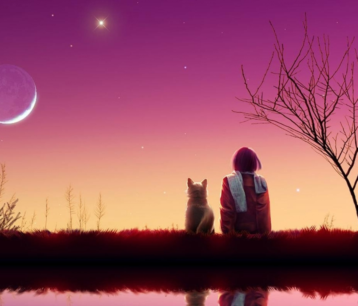 Girl And Cat Looking At Pink Sky screenshot #1 1200x1024