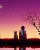 Das Girl And Cat Looking At Pink Sky Wallpaper 128x160