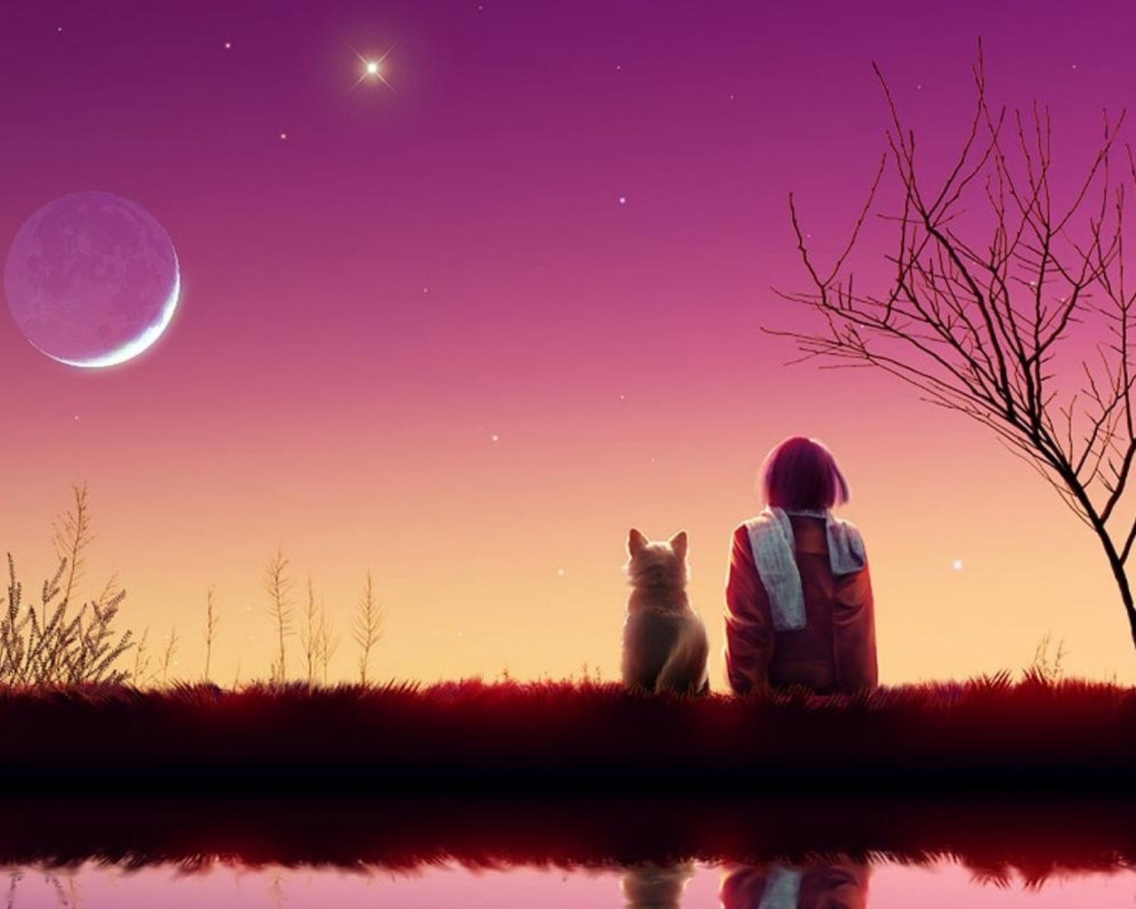 Girl And Cat Looking At Pink Sky wallpaper 1600x1280