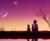 Das Girl And Cat Looking At Pink Sky Wallpaper 176x144