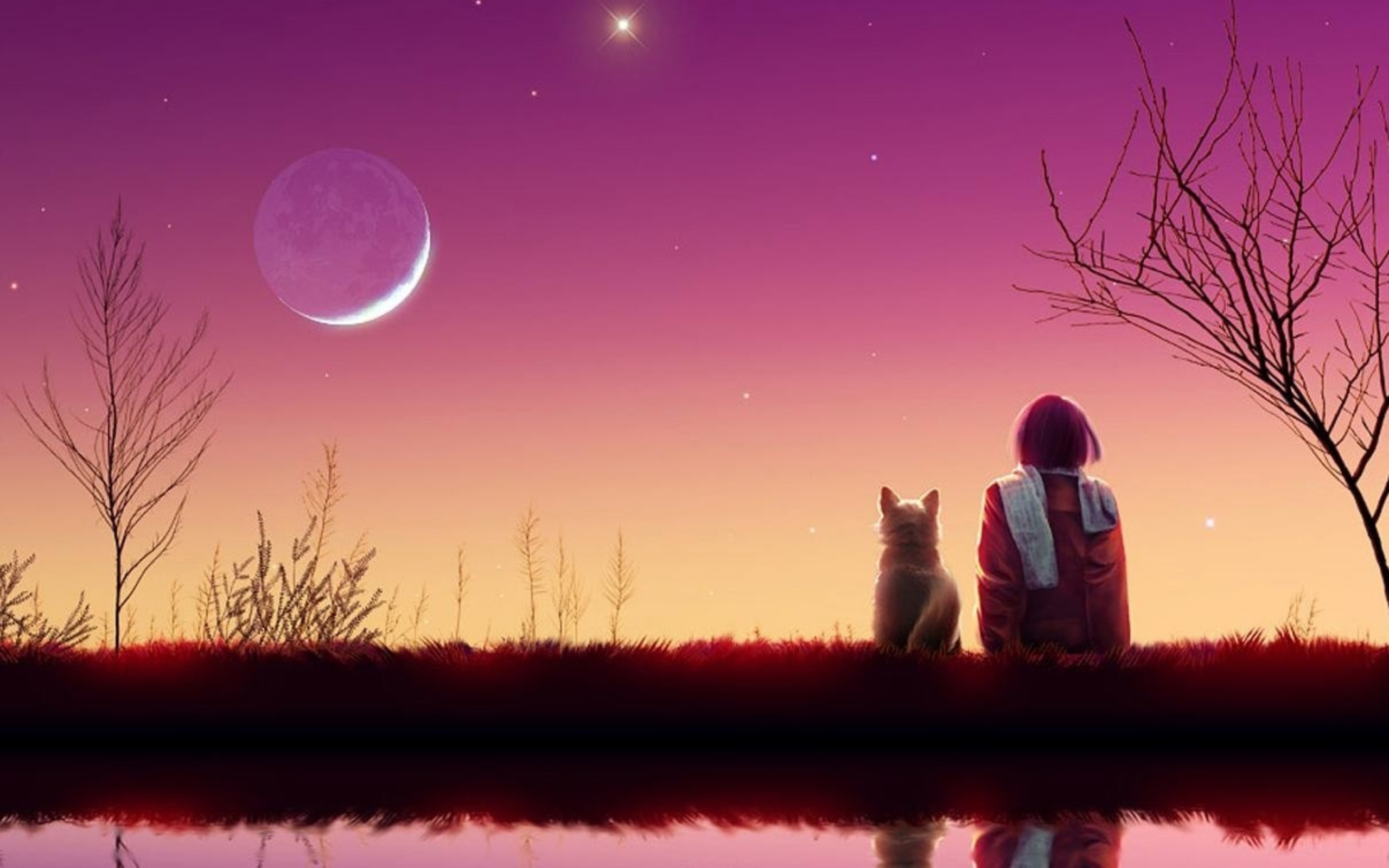 Fondo de pantalla Girl And Cat Looking At Pink Sky 2560x1600