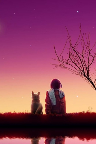 Обои Girl And Cat Looking At Pink Sky 320x480