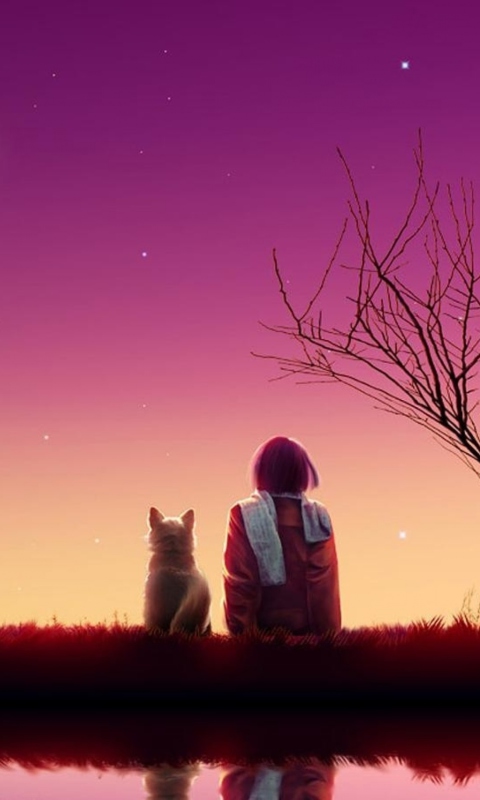Sfondi Girl And Cat Looking At Pink Sky 480x800