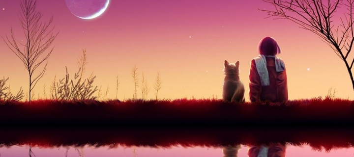 Screenshot №1 pro téma Girl And Cat Looking At Pink Sky 720x320