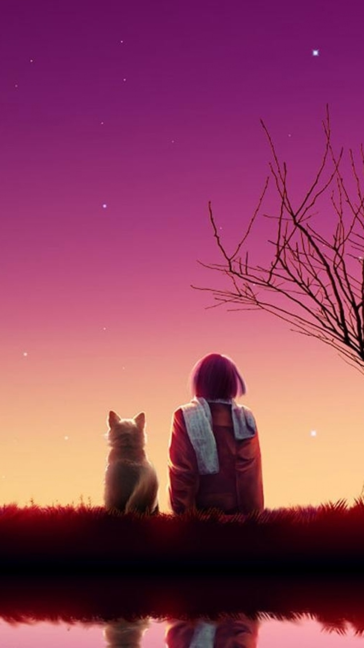 Girl And Cat Looking At Pink Sky wallpaper 750x1334