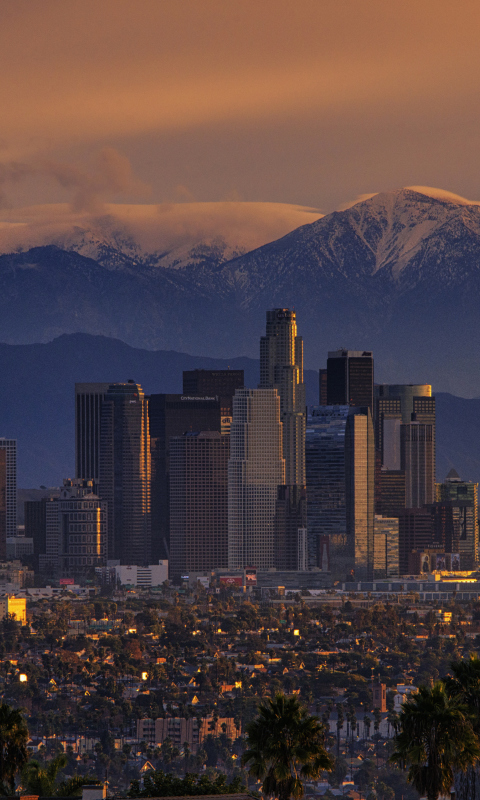 Das California Mountains And Los Angeles Skyscrappers Wallpaper 480x800