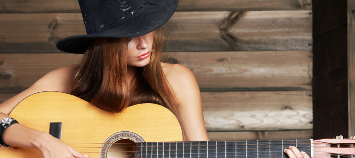 Das Girl, Hat And Guitar Wallpaper 720x320