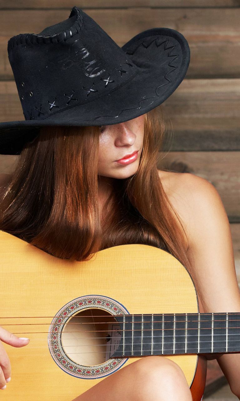 Girl, Hat And Guitar wallpaper 768x1280