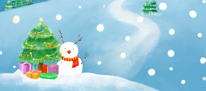 Обои Christmas Tree And Snowman 720x320