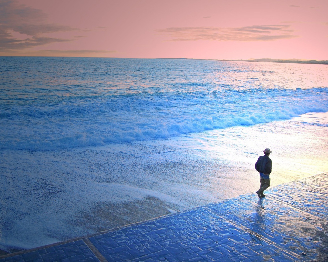 Man Walking By Beach wallpaper 1280x1024