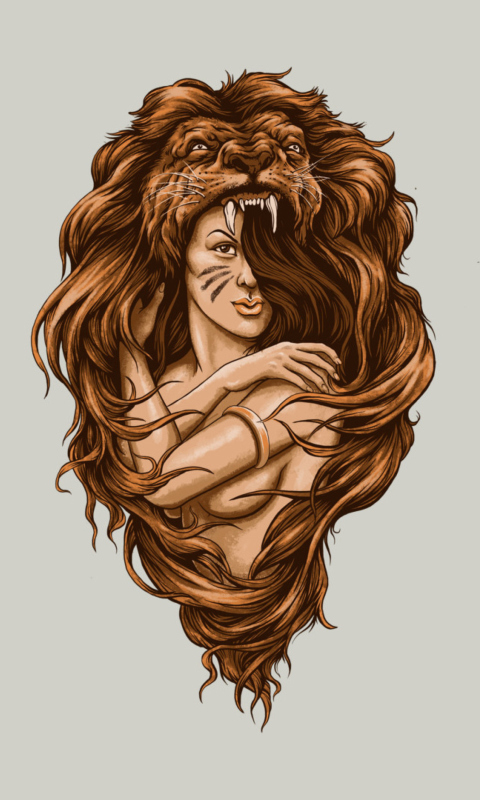 Lion Girl Illustration wallpaper 480x800