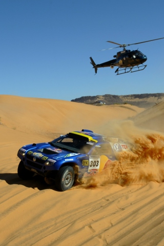 Fondo de pantalla Volkswagen Touareg Dakar Rally Helicopter Race 320x480